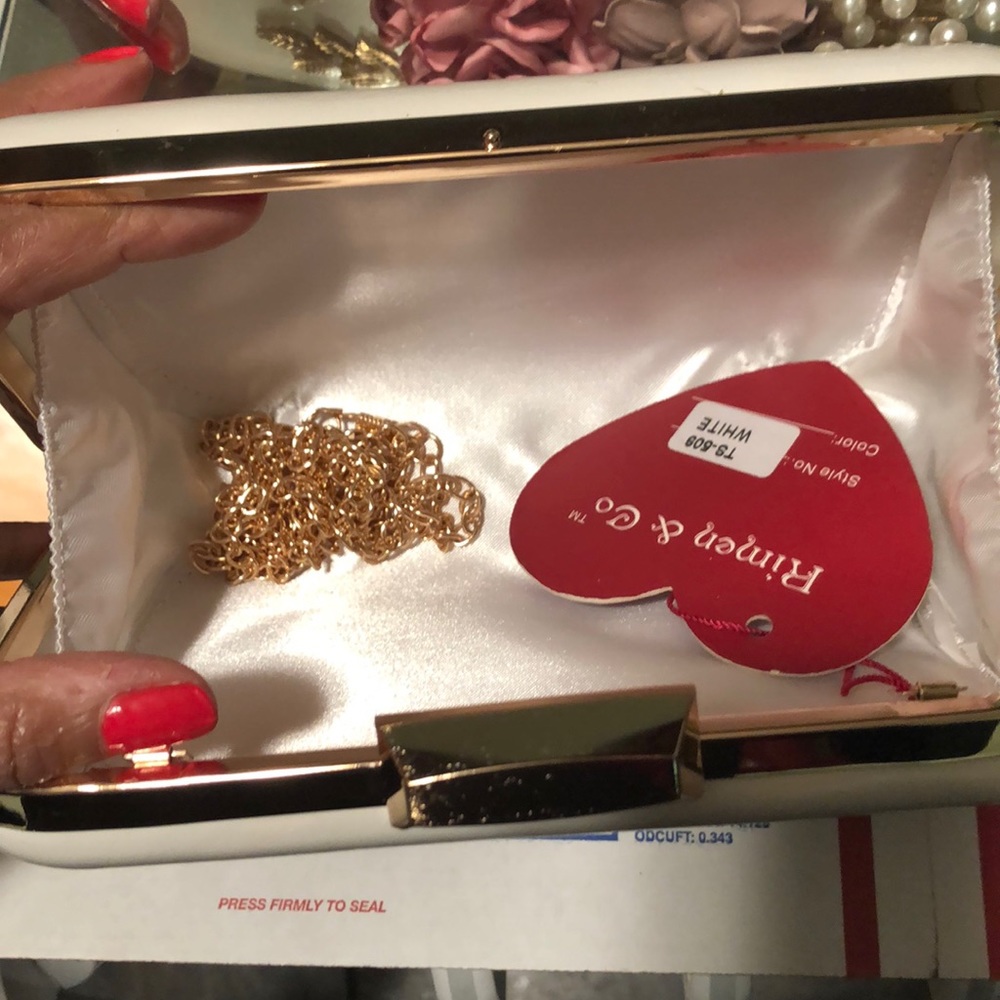 Pre loved white clutch w/satin flowers & stones on front - Picture 3 of 5